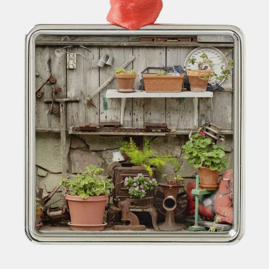 Dekorationen auf Holzzaun, Silbernes Ornament (Vorne)