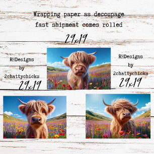 Dekorationspapier für Decoupage 3 Highland Rinder Geschenkpapier Set