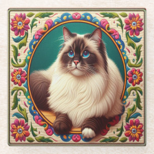 Dekorative Birma-Katze Bunte Blumen Grenze Glasuntersetzer