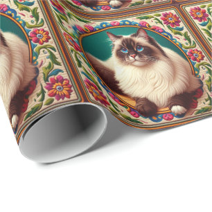Dekorative Birman Cat farbenfrohe Blume Grenze Geschenkpapier
