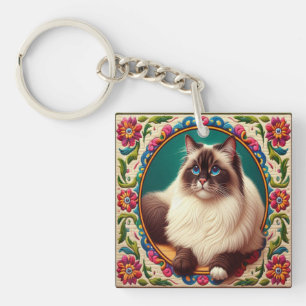 Dekorative Birman Cat farbenfrohe Blume Grenze Schlüsselanhänger