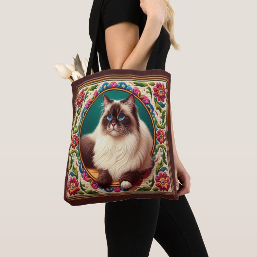 Dekorative Birman Cat farbenfrohe Blume Grenze Tasche (Von Nahem)
