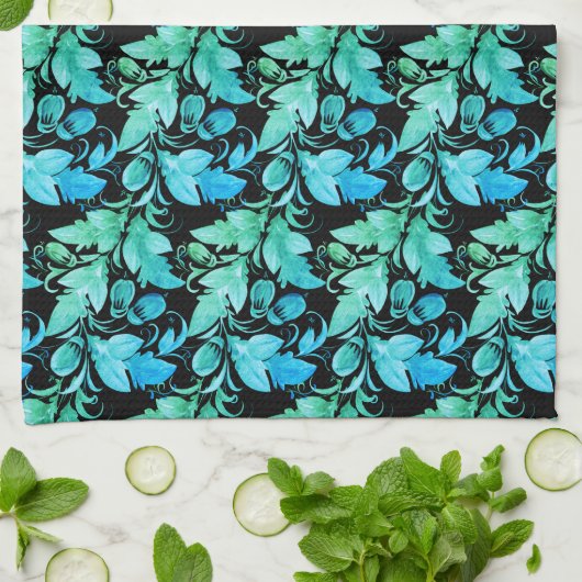 Dekorative blau-grüne Blätter Geschirrtuch (Gefaltet)