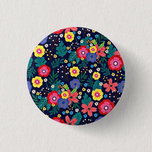 Dekorative Blume Blätter Schwarzer Hintergrund Button (Vorderseite)