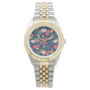 Dekorative Blume und Blätter, Muster-48675 Armbanduhr