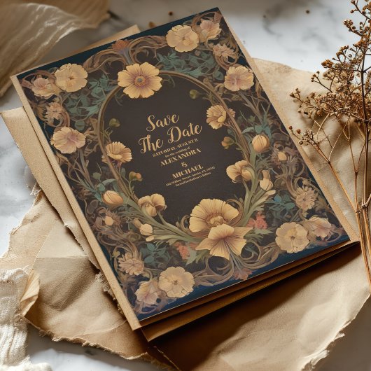 Dekorative Blumenhochzeit im Jugendstil Save The Date