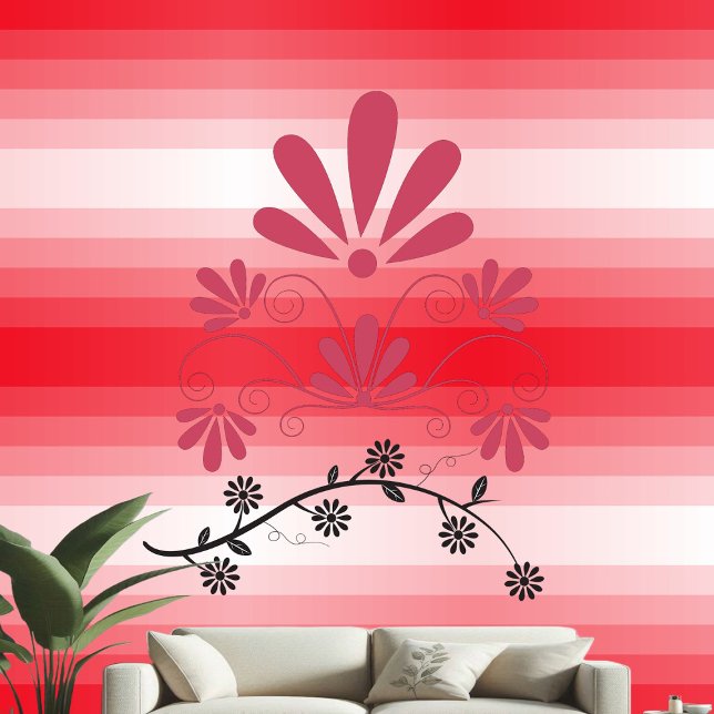 Dekorative Blumenmotive Rote Streifen Pastellfarbe Tapete (Decorative Floral Motifs Red White Stripes Pastel Wallpaper)