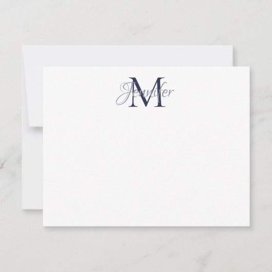 Dekorative Damask Midnight Blue und Grau Monogram Mitteilungskarte (Vorderseite)