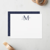 Dekorative Damask Midnight Blue und Grau Monogram Mitteilungskarte (Vorderseite/Rückseite Beispiel)