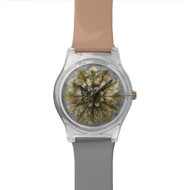 Dekorative Demask Rosette auf grauem Hintergrund Uhr (Nahaufnahme)