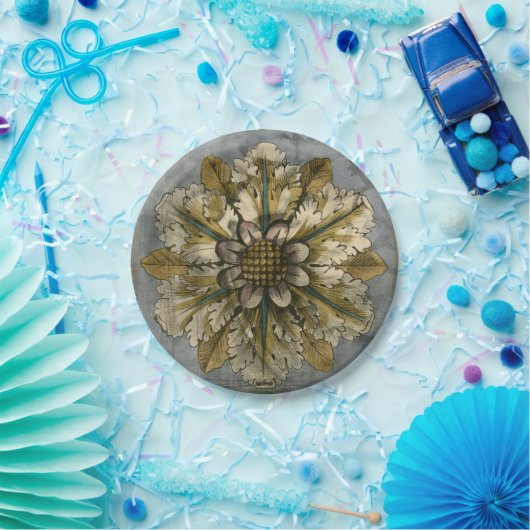 Dekorative Demaskrosette auf grauem Hintergrund Pappteller (Party)