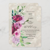 Dekorative Dove Grau mit Wein und Rosen Einladung (Vorne/Hinten)