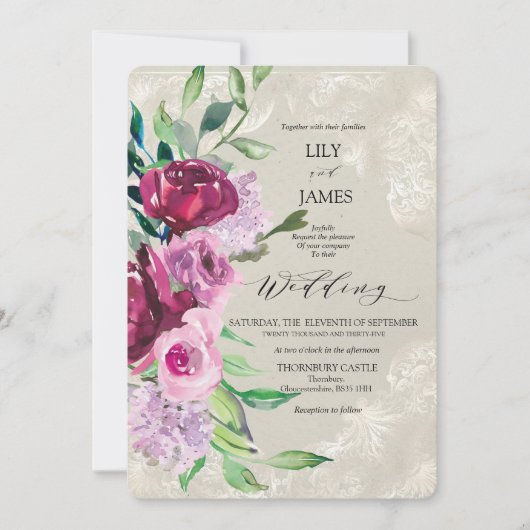 Dekorative Dove Grau mit Wein und Rosen Einladung (Vorderseite)