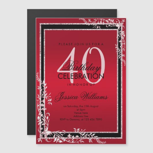 Dekorative Ecken Ruby & Black Birthday Magneteinladung (Vorne/Hinten)