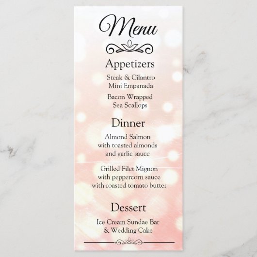 Dekorative Elegant Coral Bokeh Wedding Menu Card Menükarte (Vorderseite)