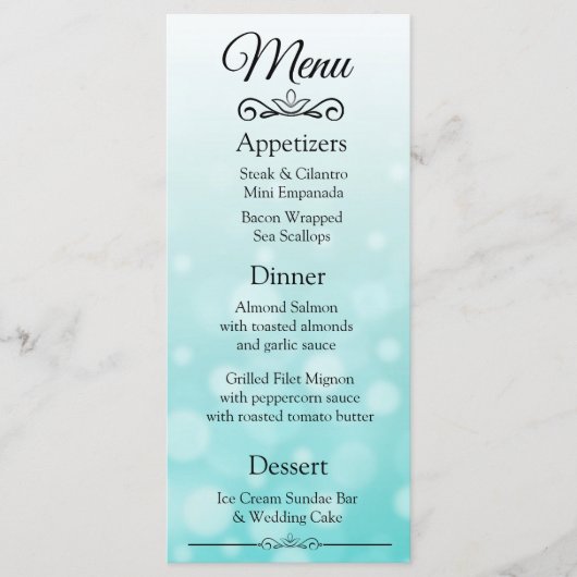 Dekorative Elegante Aquamarin Bokeh Wedding Menu C Menükarte (Vorderseite)