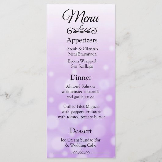Dekorative Elegante Lila Bokeh Wedding Menu Card Menükarte (Vorderseite)