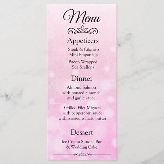 Dekorative elegante Rosa Bokeh Wedding Menu Card Menükarte (Vorderseite)