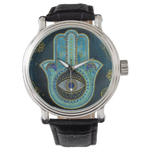 Dekorative Hamsa Hand mit Paisley-Hintergrund Armbanduhr