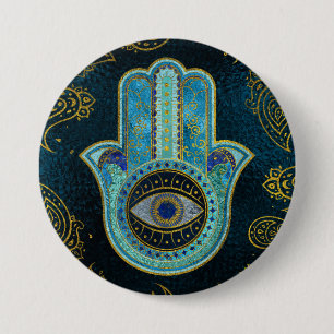 Dekorative Hamsa Hand mit Paisley-Hintergrund Button