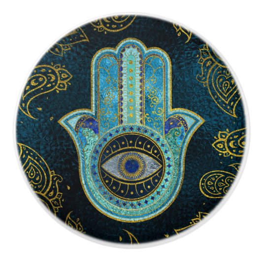 Dekorative Hamsa Hand mit Paisley-Hintergrund Keramikknauf (Vorderseite)
