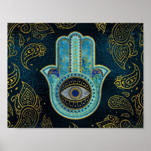 Dekorative Hamsa Hand mit Paisley-Hintergrund Poster (Vorne)