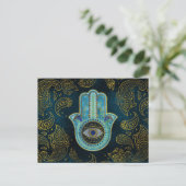 Dekorative Hamsa Hand mit Paisley-Hintergrund Postkarte (Stehend Vorderseite)