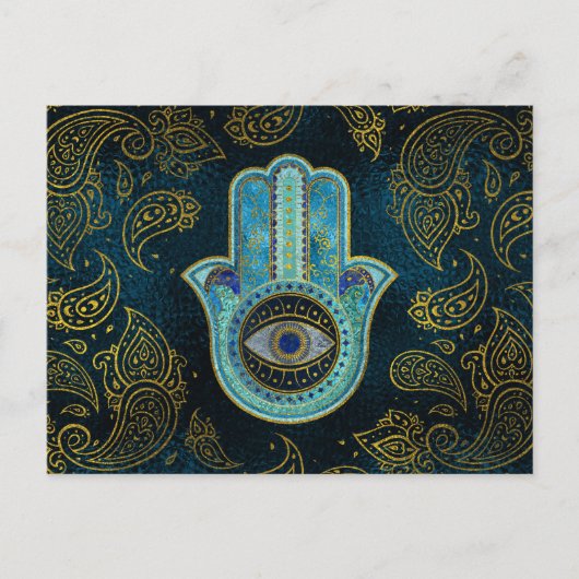 Dekorative Hamsa Hand mit Paisley-Hintergrund Postkarte (Vorderseite)
