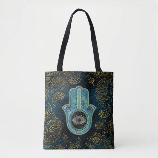 Dekorative Hamsa Hand mit Paisley-Hintergrund Tasche (Vorderseite)