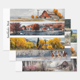 Dekorative Handsäge-Designs Rote Scheune, Gelbe Sc Geschenkpapier Set
