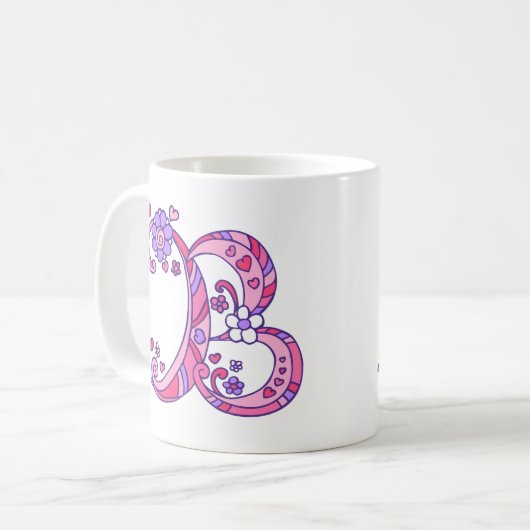 Dekorative Herzen u. Blumen des Monogramms B Kaffeetasse (Vorderseite Links)