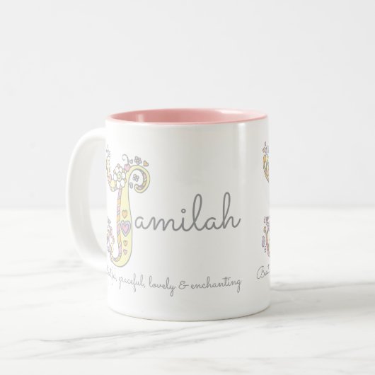 Dekorative Jamilah oder J-Name bedeutet Tasse (Vorderseite Links)