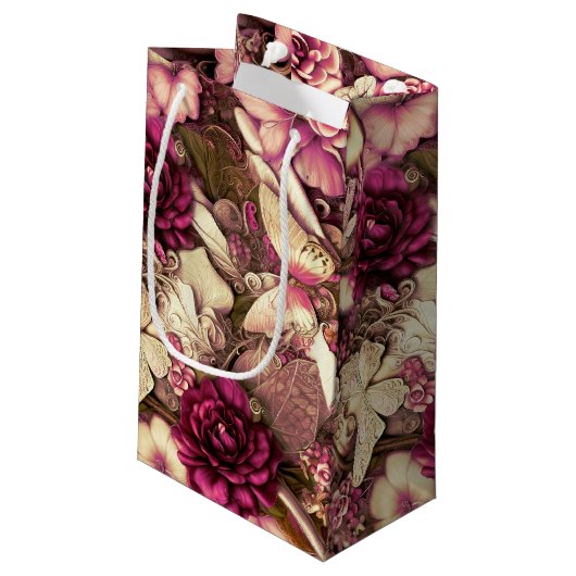 Dekorative Kollagenschmetterlinge und Rose Kleine Geschenktüte (Rückseite Schrägansicht)