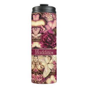 Dekorative Kollagenschmetterlinge und Rose Thermosbecher
