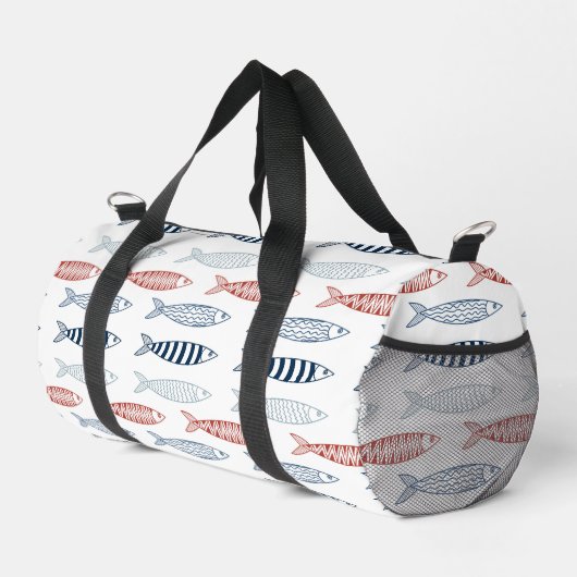 Dekorative mediterrane Sardinen Fischmuster Duffle Bag (Rechte Ecke)