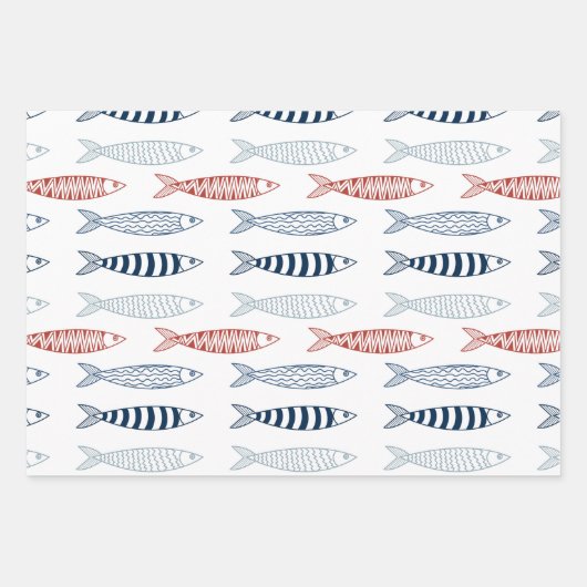 Dekorative mediterrane Sardinen Fischmuster Geschenkpapier Set (Vorderseite)
