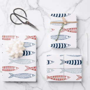 Dekorative mediterrane Sardinen Fischmuster Geschenkpapier Set