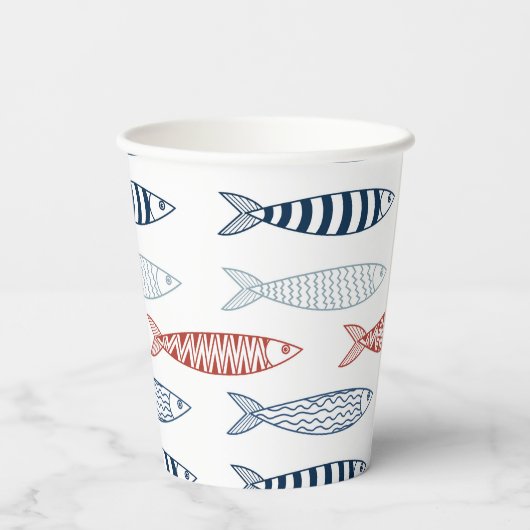 Dekorative mediterrane Sardinen Fischmuster Pappbecher (Rückseite)