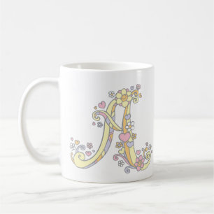 Dekorative Monogramm-A-Herzen-und-Blumen-Tasse Kaffeetasse