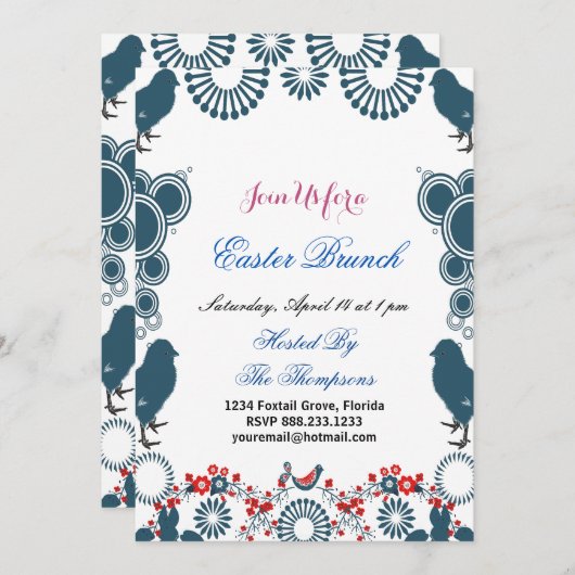 Dekorative Motif Osterbrunch Chick Birds floral Einladung (Vorne/Hinten)