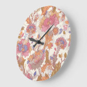 Dekorative Pfannkuchen: farbenfrohe Blumenmuster. Große Wanduhr (Winkel)