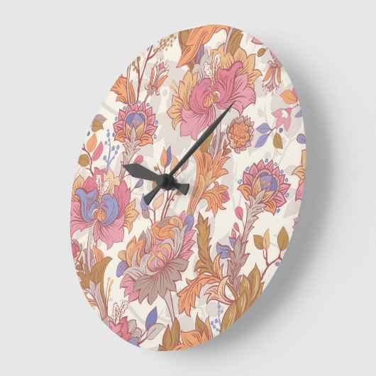 Dekorative Pfannkuchen: farbenfrohe Blumenmuster. Große Wanduhr (Winkel)