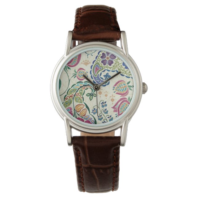 Dekorative Pfau und farbenfrohe Blume Armbanduhr (Vorderseite)
