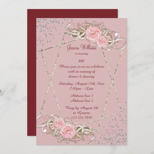 Dekorative Rose, Funkelnd Frauen zum Geburtstag Einladung (Vorne/Hinten)