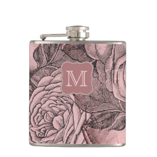Dekorative Rosen Roséfarbenes Monogramm Flachmann