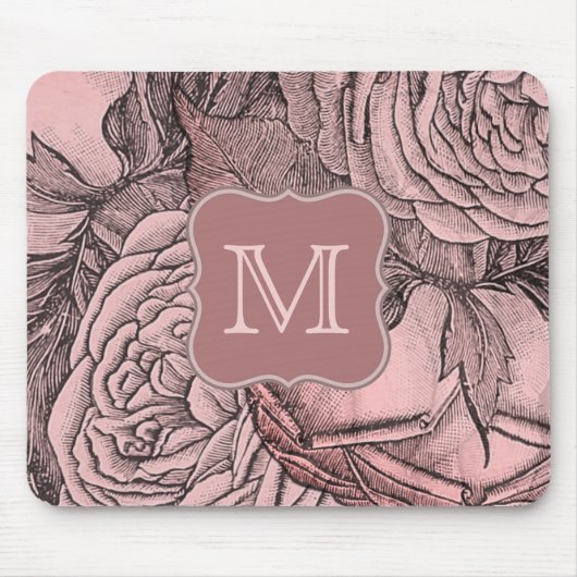 Dekorative Rosen Roséfarbenes Monogramm Mousepad (Vorne)
