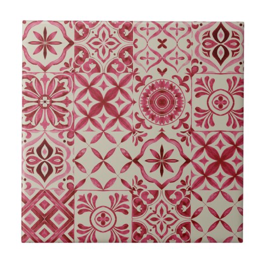 Dekorative rote Azulejo-Fliesen-Patchwork-Muster Fliese (Vorderseite)