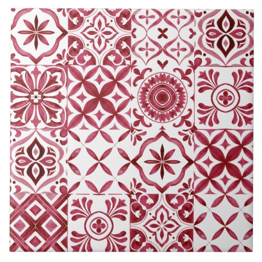 Dekorative rote Azulejo-Fliesen-Patchwork-Muster Fliese (Vorderseite)