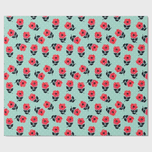 Dekorative rote Blumen-Minzen-blaue Polka-Punkte Geschenkpapier (Flach)