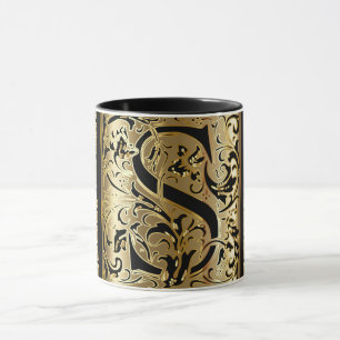 Dekorative schwarze und goldene Buchstabe S Kaffee Tasse